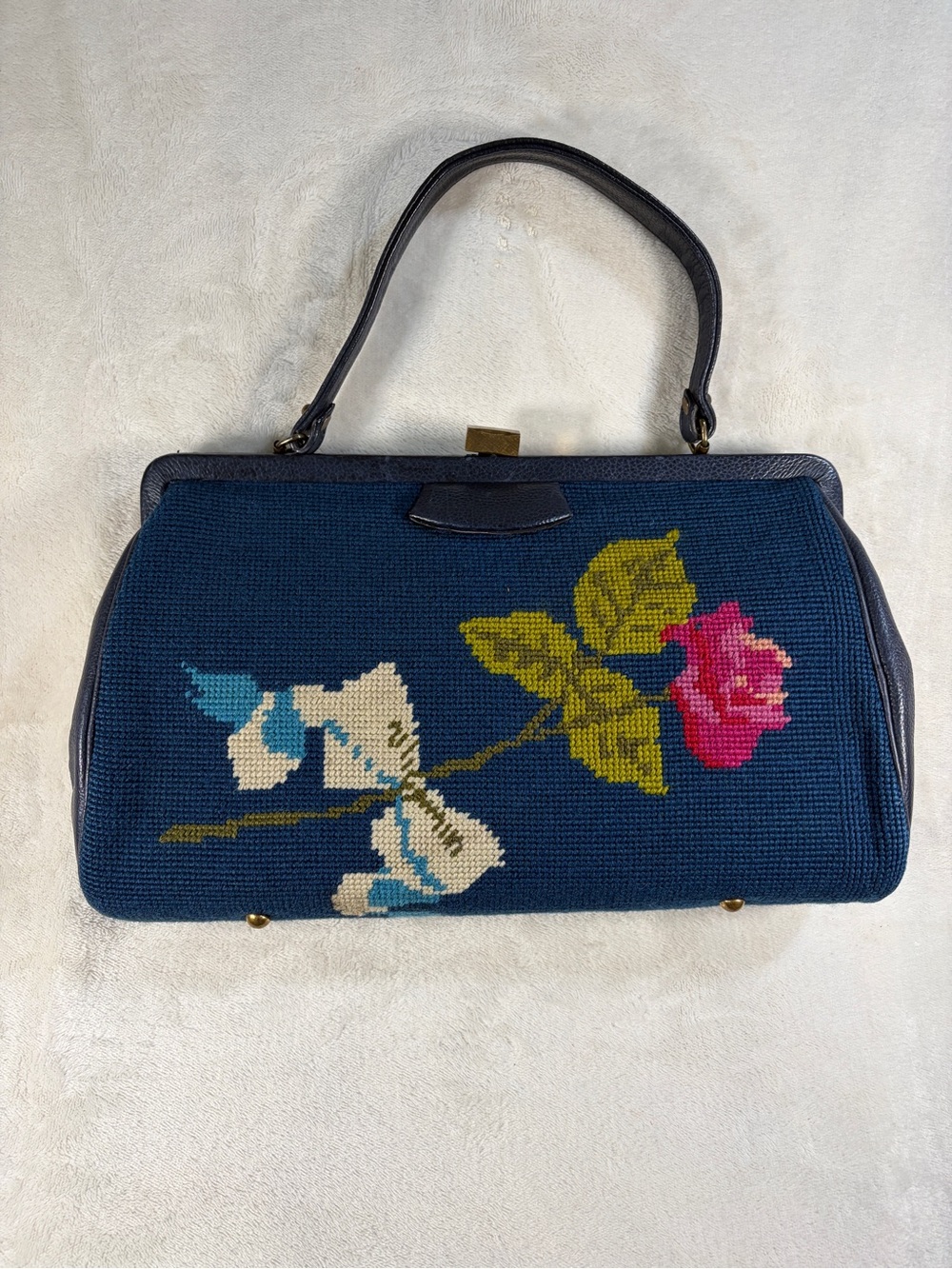 Vintage 1950s Martha Klein Needlepoint Handbag Navy Blue Floral Purse Coin Pouch